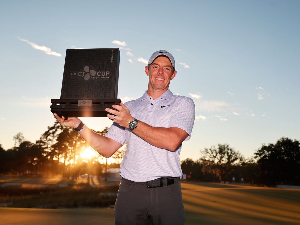 Rory McIlroy celebrates with the trophy after winning during the final round of the CJ Cup at Congaree Golf Club (Gregory Shamus/Getty Images)