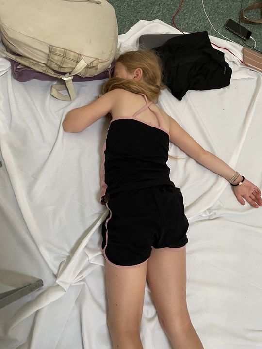 Kevin's daughter Ana sleeps on the floor