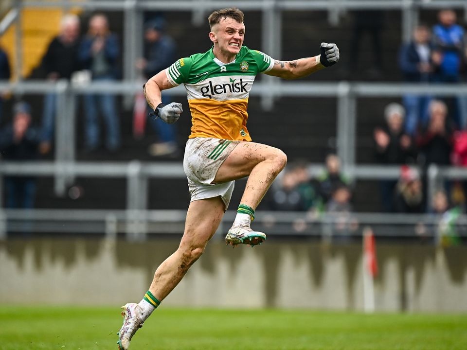 23 April 2023; Jack McEvoy of Offaly celebrates at the final whistle after his side's victory in the Leinster GAA Football Senior Championship Quarter-Final match between Offaly and Meath at Glenisk O'Connor Park in Tullamore, Offaly. Photo by Eóin Noonan/Sportsfile