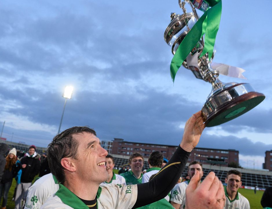 Paul Shefflin celebrates with the trophy after winning the Leinster club title with Ballyhale Shamrocks in 2014. Image credit: Sportsfile.