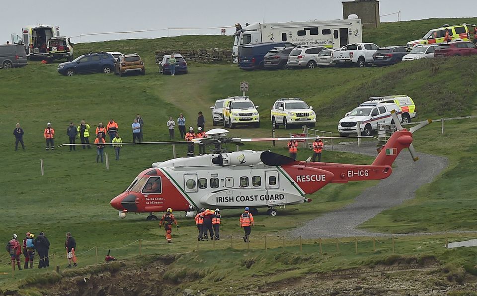 Taken to safety the rescue of the man who was  trapped overnight in a sea cave at Downpatrick Head on the north Mayo coast. 