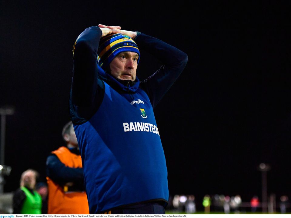 Wicklow manager Oisín McConville reacts on the sidelines during his side’s clash with Dublin in Baltinglass last night. Photo by: Sam Barnes/Sportsfile