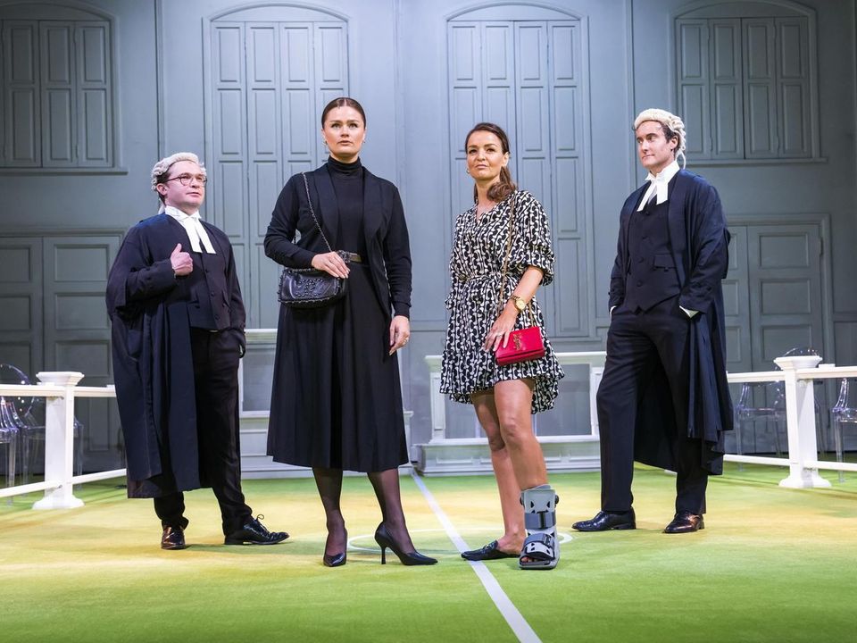 Jonathan Broadbent, Lucy May Barker (Rebekah Vardy), Laura Dos Santos (Coleen Rooney) and Tom Turner star in Vardy V Rooney, The Wagatha Christie Trial