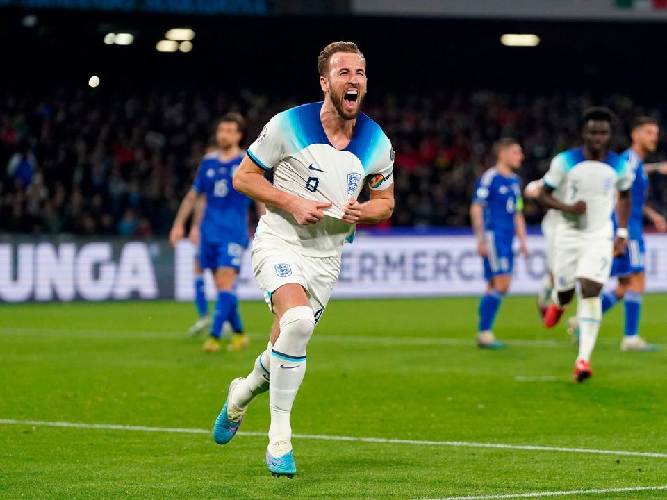 England's Harry Kane celebrates scoring their side's second goal of the game from the penalty spot