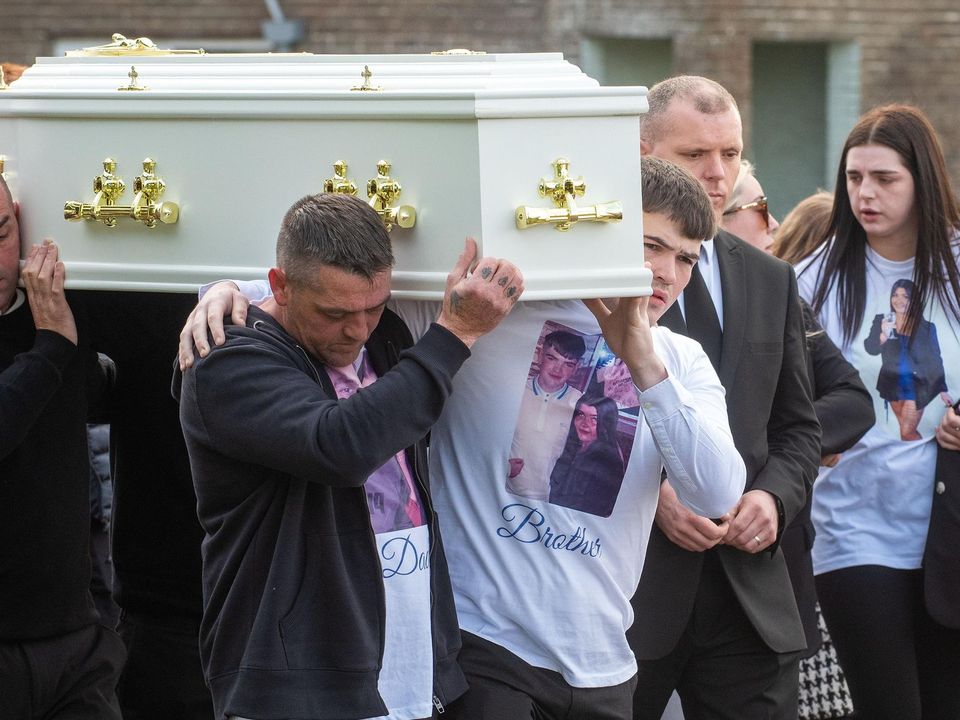 The funeral of twenty-one years old Rebecca Browne from Derry who died when she was struck by Garda car in Buncrana last Sunday. She is survived by her dad Jeremiah mum Lynn and her brother Ethan. Requiem Mass has been held in St Joseph’s Church, Galliagh. Picture Martin McKeown.