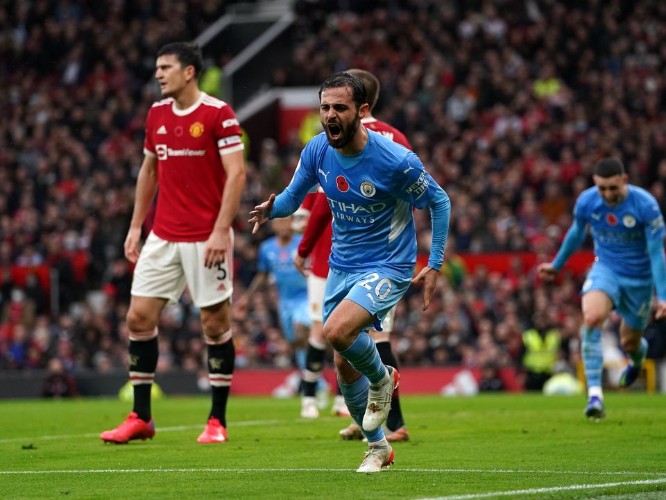 Manchester City’s Bernardo Silva celebrates scoring at Old Trafford (Martin Rickett/PA)