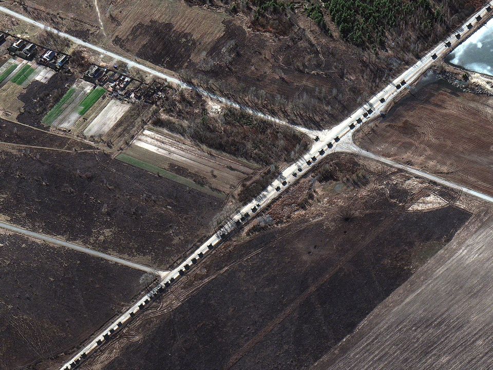 The military convoy north west of Invankiv (Maxar Technologies/AP)