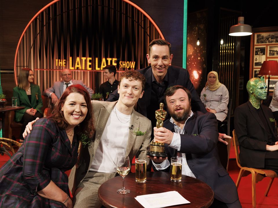 Ryan Tubridy with Lisa McGee, and An Irish Goodbye Oscar winners, director Ross White and James Martin on The Late Late Show. Photo: Andres Poveda