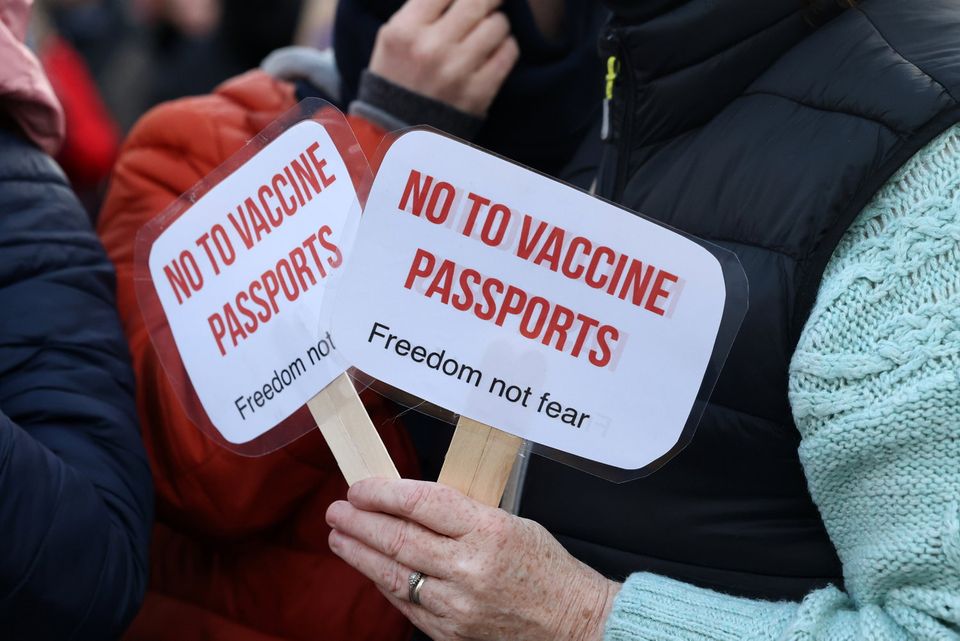 Hundreds of people protest at an Anti Vaccine passport Protest through Dublin City Centre