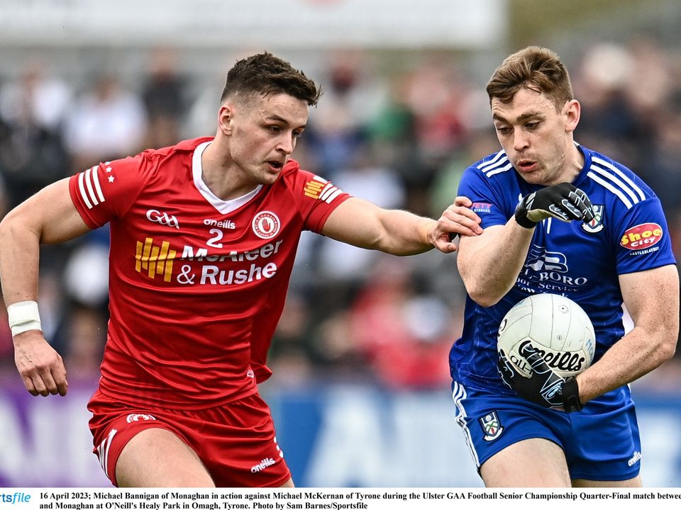 16 April 2023; Michael Bannigan of Monaghan in action against Michael McKernan of Tyrone during the Ulster GAA Football Senior Championship Quarter-Final match between Tyrone and Monaghan at O'Neill's Healy Park in Omagh, Tyrone. Photo by Sam Barnes/Sportsfile