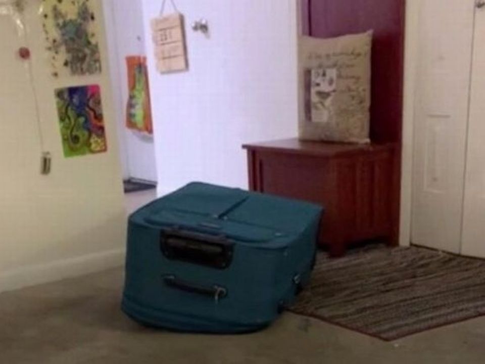 A still from the video shows the suitcase