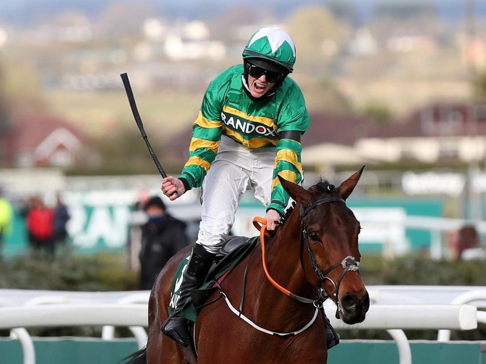 Rachael Blackmore celebrates winning the 2021 Aintree Grand National. Picture by Scott Heppell/Reuters