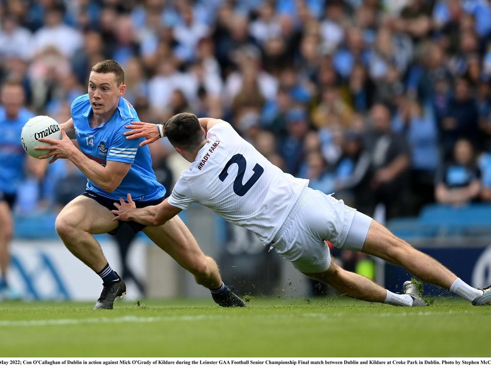 Dublin's Con O'Callaghan against Mick O'Grady of Kildare during the Leinster SFC final at Croke Park. Photo: Sportsfile