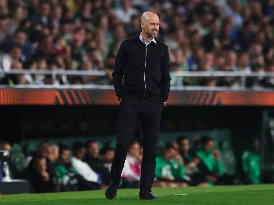 SEVILLE, SPAIN - MARCH 16: Erik ten Hag of Manchester United looks on during the UEFA Europa League round of 16 leg two match between Real Betis and Manchester United at Estadio Benito Villamarin on March 16, 2023 in Seville, Spain. (Photo by Fran Santiago/Getty Images)