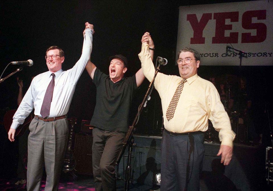 David Trimble, Bono and John Hume at the 1998 peace concert at the Waterfront Hall