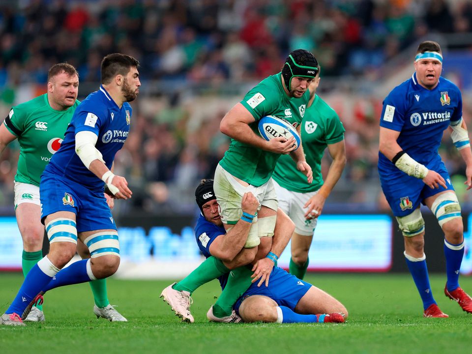 Ireland's Caelan Doris is tackled by Italy's Luca Bigi during the Guinness Six Nations match at the Stadio Olimpico in Rome, Italy. Photo: Steven Paston/PA Wire.