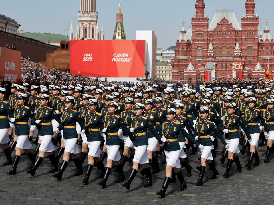 Russian service members march during a rehearsal for a military parade marking the anniversary of the victory over Nazi Germany in World War Two in Red Square in central Moscow, Russia May 7, 2022. REUTERS/Maxim Shemetov/File Photo