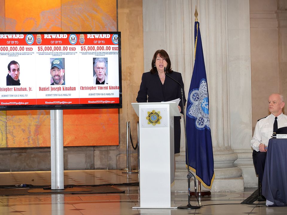 US ambassador Claire Cronin with former Assistant Garda Commissioner John O'Driscoll announcing a $5m reward for key information leading to the dismantling of the Kinahan crime gang in April. Photo: Frank McGrath