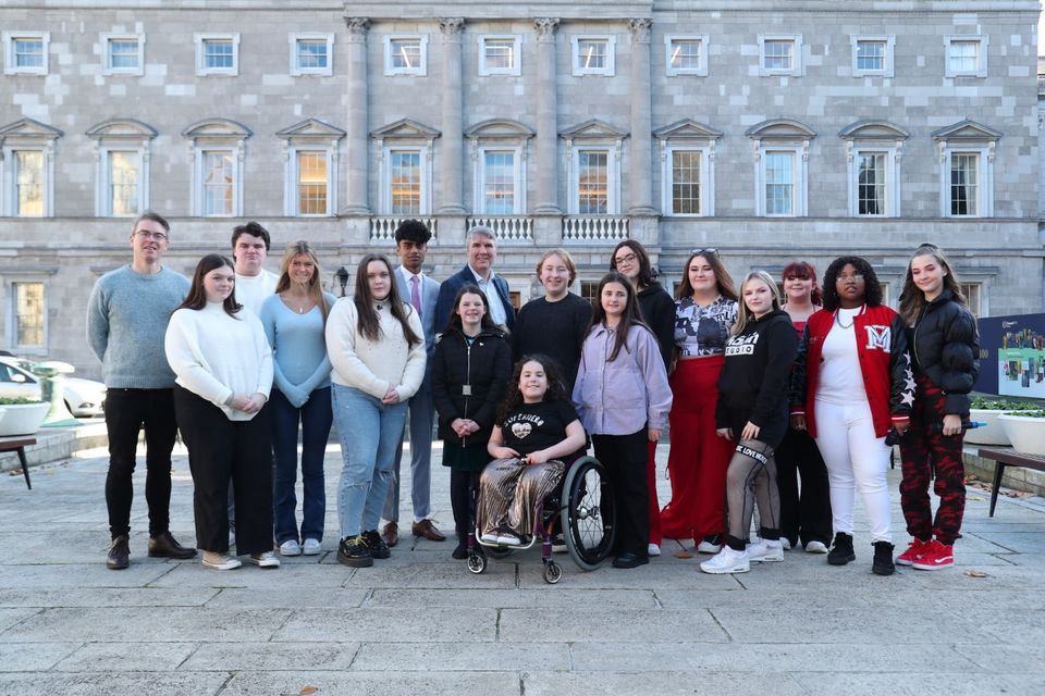 Molly McNulty (11) and the group of young people at the Child Talks event at Leinster House on Friday 18 November.