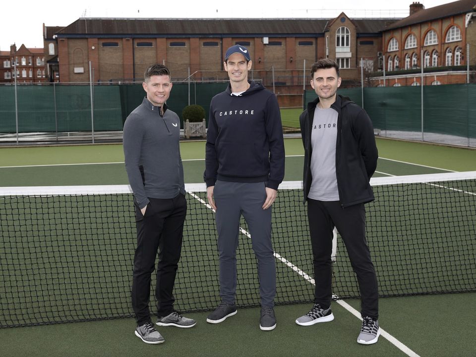 Tennis star Andy Murray with Castore creators Tom and Phil Beahon