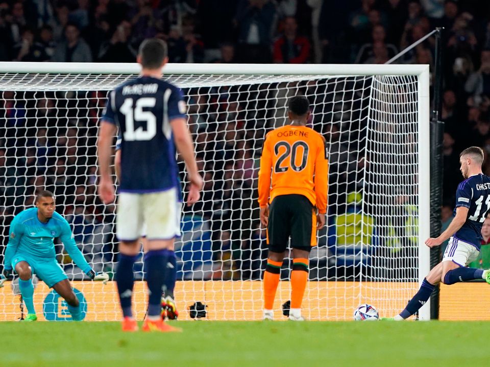 Scotland's Ryan Christie (right) scores his sides second goal of the game from the penalty spot during the UEFA Nations League Group E Match at Hampden Park, Glasgow. Picture date: Saturday September 24, 2022. PA Photo. See PA story SOCCER Scotland. Photo 