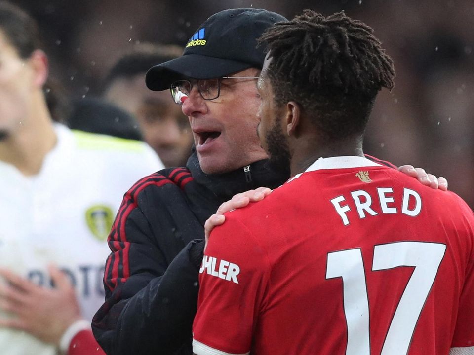 Manchester United interim manager Ralf Rangnick celebrates with goal scorer Fred after their win over Leeds at Elland Road. Photo: REUTERS
