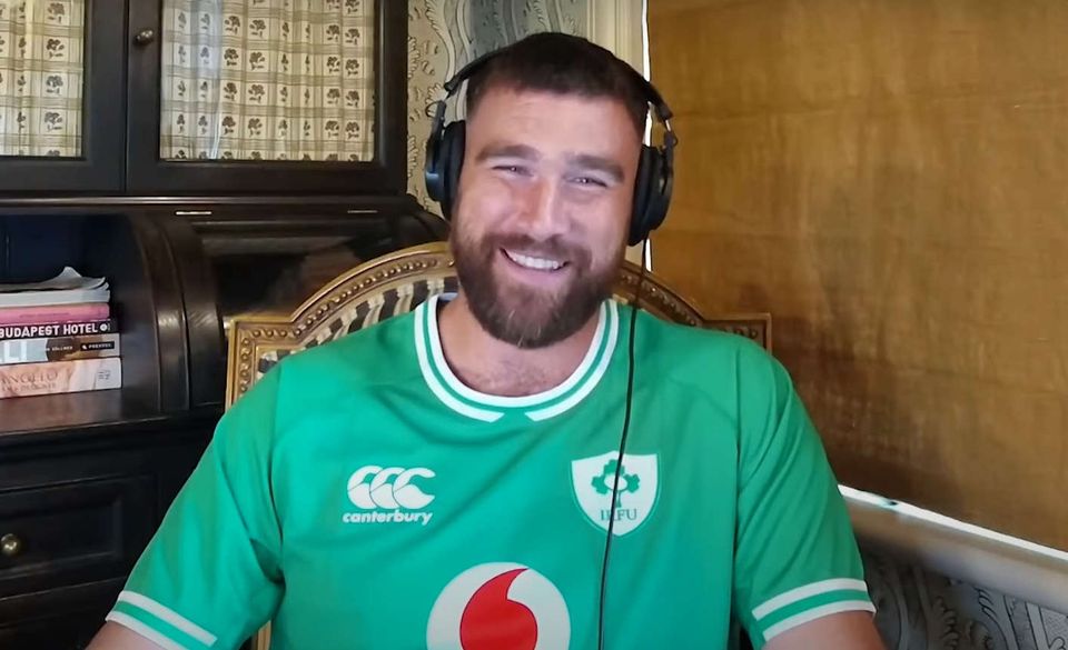 Travis Kelce appeared on his podcast wearing an Irish rugby jersey