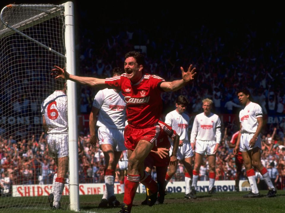 John Aldridge of Liverpool celebrates his second goal during the FA Cup Semi-Final against Nottingham Forest at Old Trafford in Manchester, England.. Liverpool won the match 3-1. \ Mandatory Credit: Allsport UK /Allsport