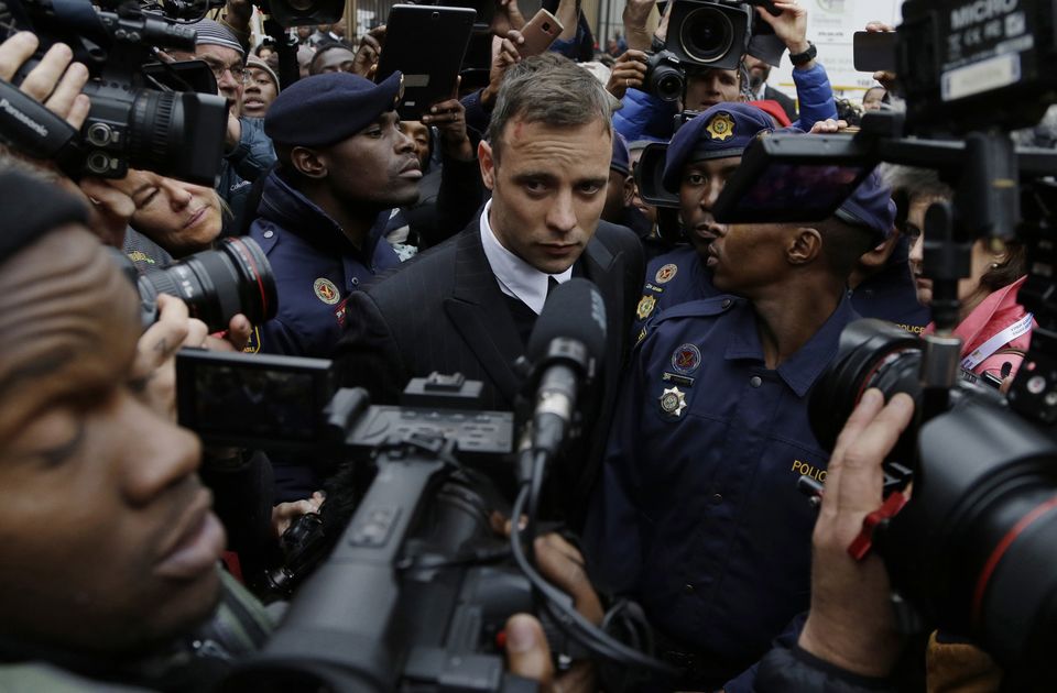 Oscar Pistorius leaves the High Court in Pretoria, South Africa, in 2016 during his trail for the murder of girlfriend Reeva Steenkamp (Themba Hadebe/AP)