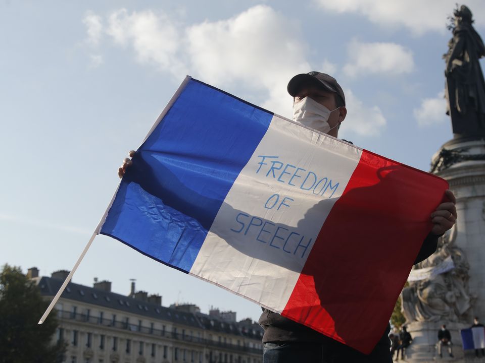 A demonstrator in Paris holds a French flag with the words Freedom Of Speech written on it (Michel Euler/AP)