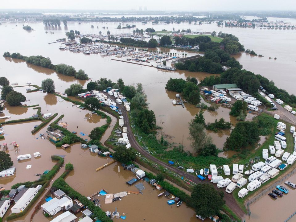 Aerial view of the flooded camping site in Roermond, Netherlands.