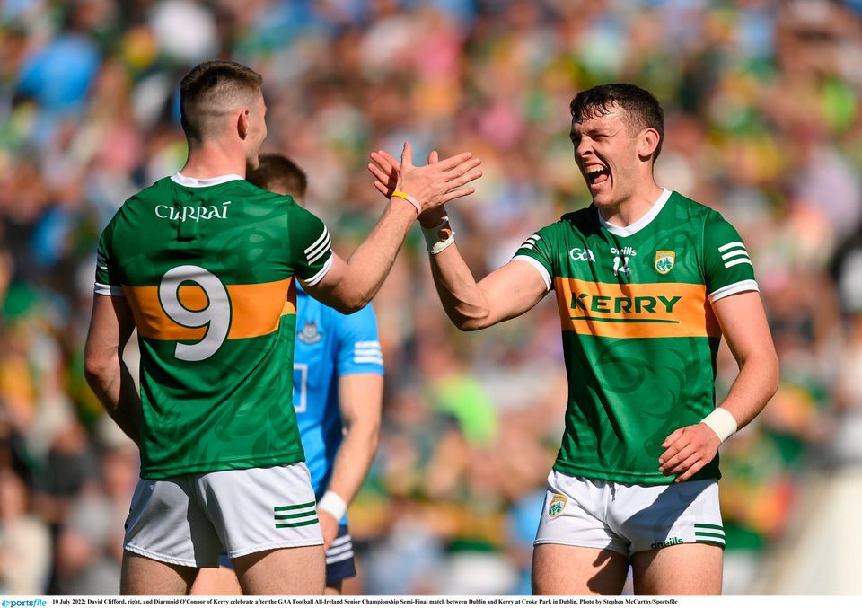 David Clifford, right, and Diarmuid O'Connor of Kerry celebrate after the GAA Football All-Ireland Senior Championship Semi-Final match between Dublin and Kerry at Croke Park in Dublin. Photo by Stephen McCarthy/Sportsfile