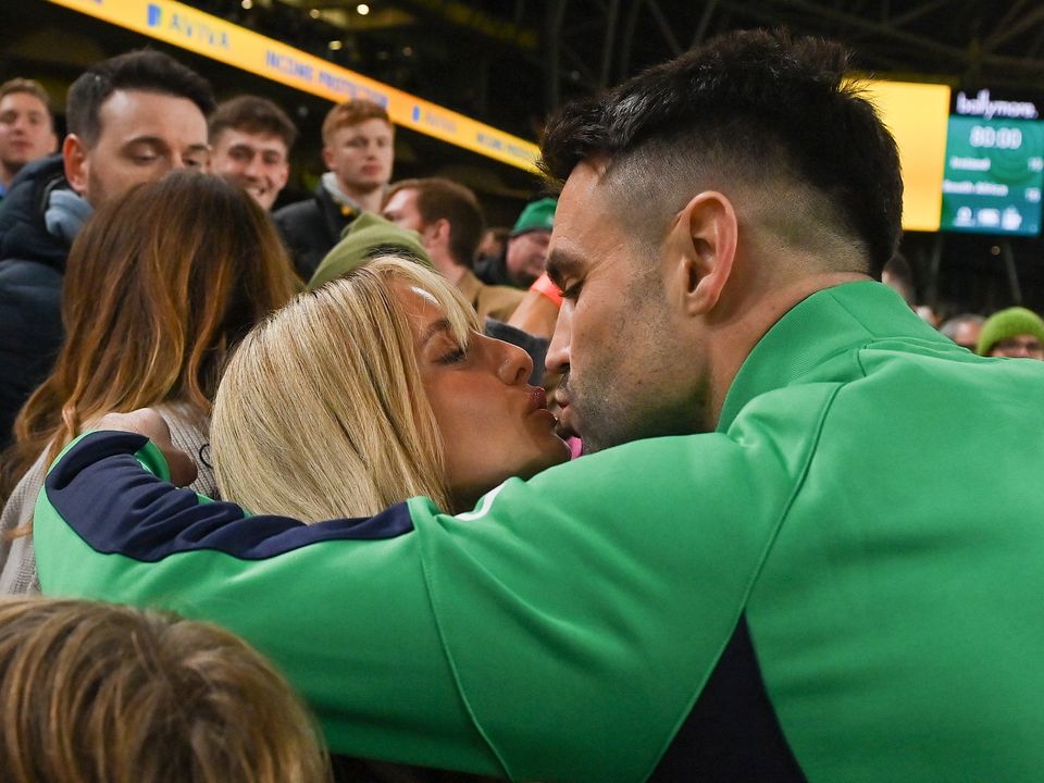 Conor Murray of Ireland and his fiancée Joanna Cooper after the Bank of Ireland Nations Series match between Ireland and South Africa at the Aviva Stadium in Dublin. Photo by Ramsey Cardy/Sportsfile