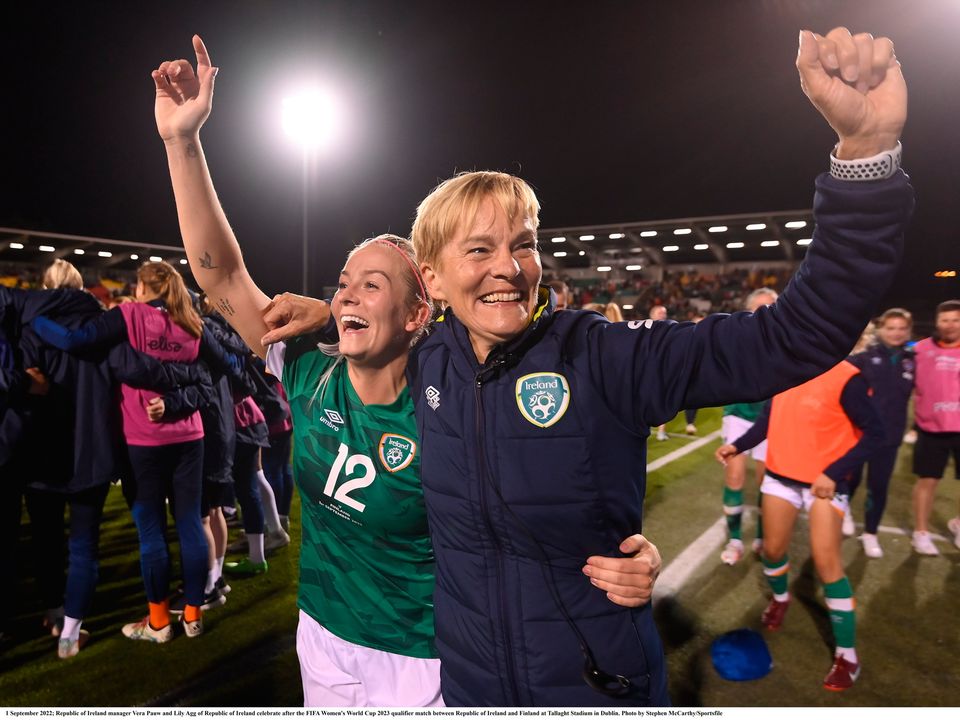  Republic of Ireland manager Vera Pauw and Lily Agg of Republic of Ireland celebrate after the FIFA Women's World Cup 2023 qualifier match between Republic of Ireland and Finland at Tallaght Stadium in Dublin. Photo by Stephen McCarthy/Sportsfile