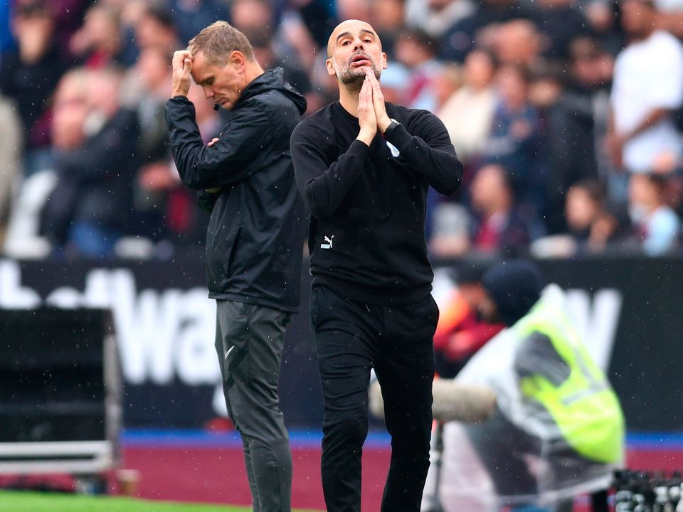Pep Guardiola, Manager of Manchester City reacts during the Premier League match between West Ham United and Manchester City at London Stadium on May 15, 2022 in London, England. (Photo by Clive Rose/Getty Images)
