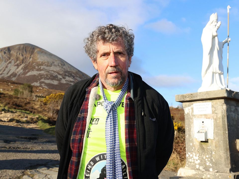 Charlie Bird at the base of Croagh Patrick behind ahead of the Climb With Charlie fundraising event. Picture; Gerry Mooney.