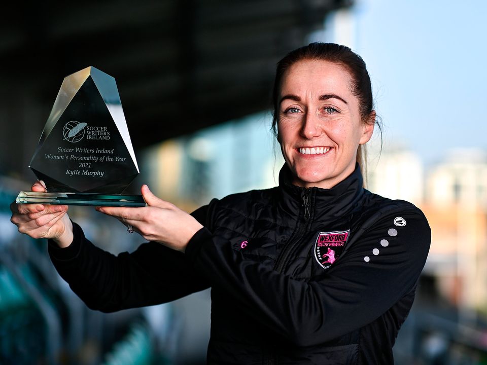 Kylie Murphy of Wexford Youths with her SWAI Women's Personality of the Year award during the SSE Airtricity/SWAI Personality of the Year awards 2021 at Tallaght Stadium. Photo: Piaras Ó Mídheach/Sportsfile