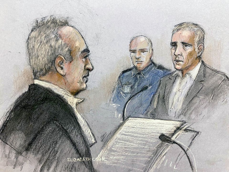 Court artist sketch by Elizabeth Cook of former Sinn Fein councillor Jonathan Dowdall being cross-examined at the Special Criminal Court, Dublin (Elizabeth Cook/PA)