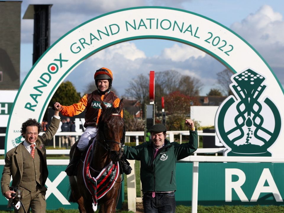 Sam Waley-Cohen celebrates on Noble Yeats after winning last year's Grand National