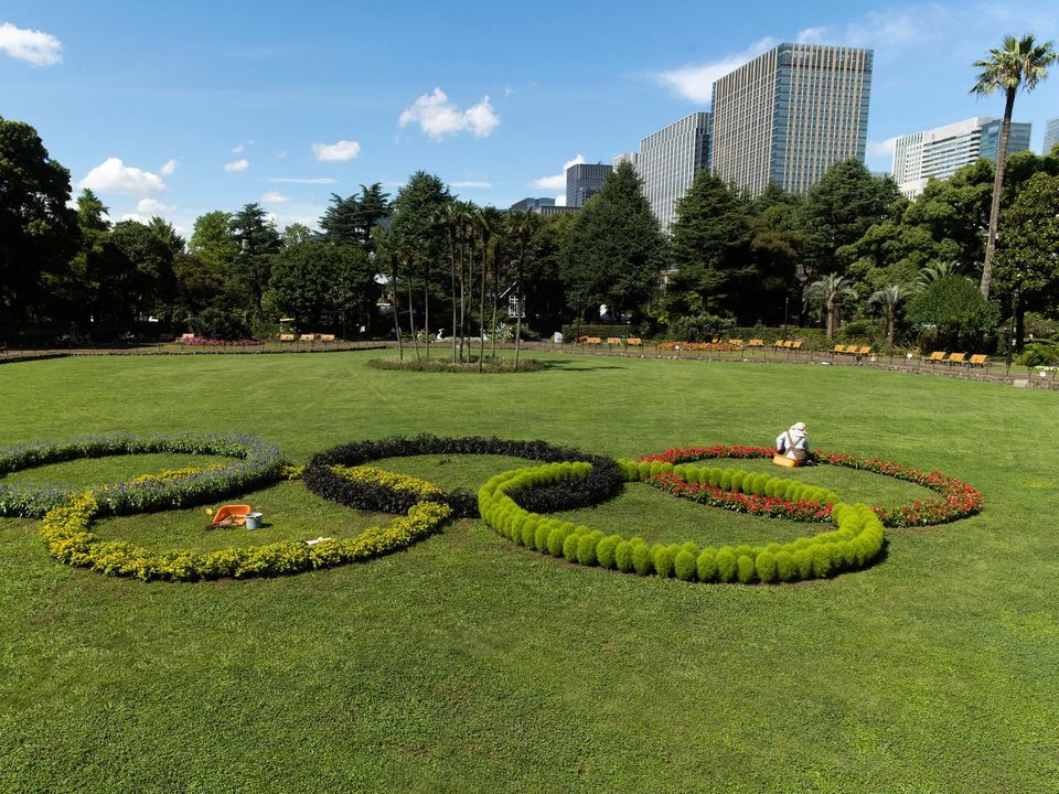 A custodian takes care of plants placed to look like the Olympic rings that local high school students have helped decorate at Hibiya Park in Tokyo. Photo: AP Photo/Hiro Komae