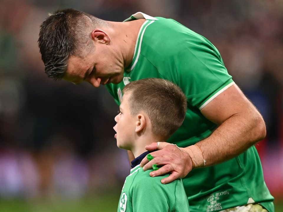 Sexton’s son Luca was on hand to console his father after defeat to New Zealand at the Stade France