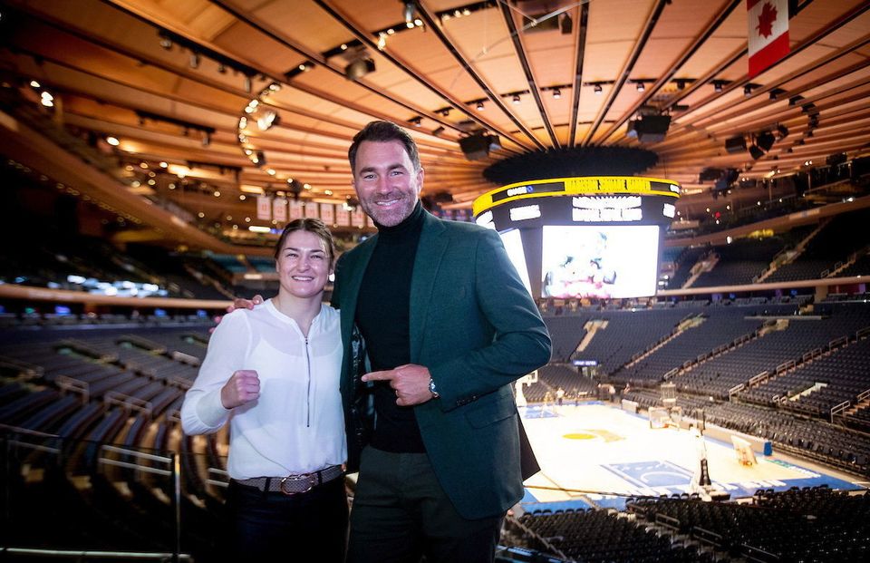 Katie Taylor and promoter Eddie Hearn during a press tour ahead of the title fight against Amanda Serrano at Madison Square Garden. Photo by Michelle Farsi