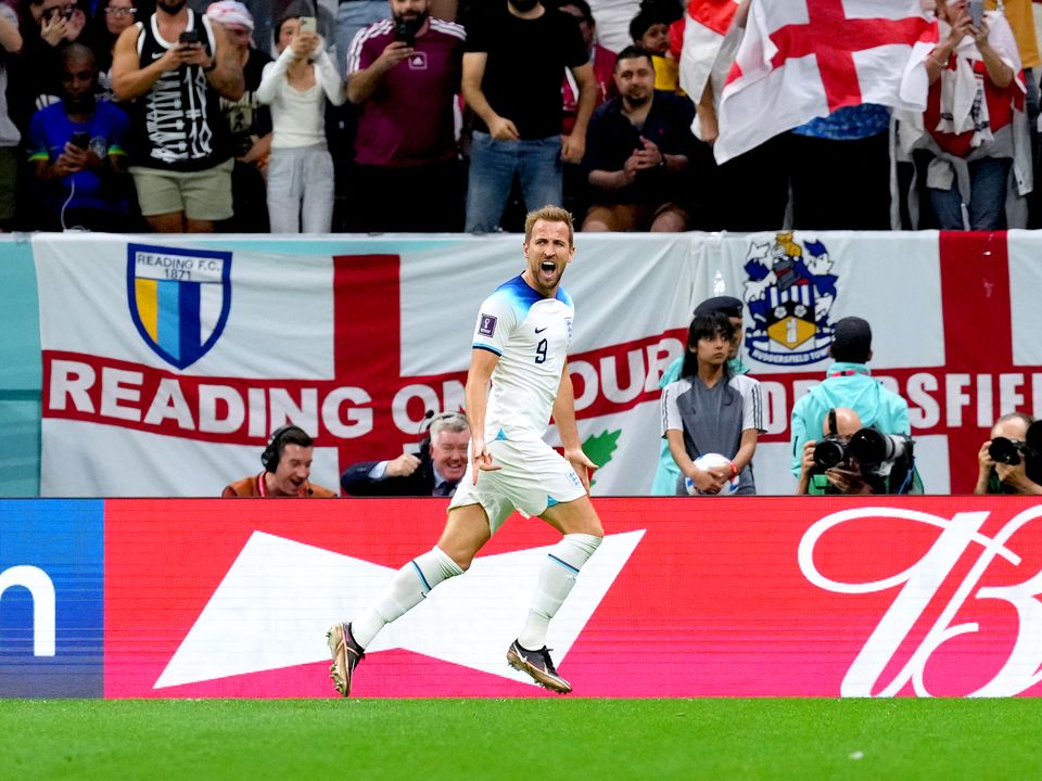 England's Harry Kane celebrates scoring their side's second goal of the game during the FIFA World Cup Round of Sixteen match at the Al-Bayt Stadium in Al Khor, Qatar. Picture date: Sunday December 4, 2022.