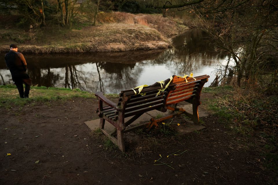 Ribbons are seen on a bench where the phone of missing woman Nicola Bulley was found, in Lancashire, Britain, February 19, 2023. REUTERS/Phil Noble