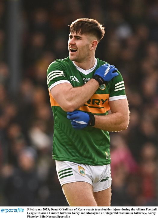 5 February 2023; Donal O’Sullivan of Kerry reacts to a shoulder injury during the Allianz Football League Division 1 match between Kerry and Monaghan at Fitzgerald Stadium in Killarney, Kerry. Photo by Eóin Noonan/Sportsfile