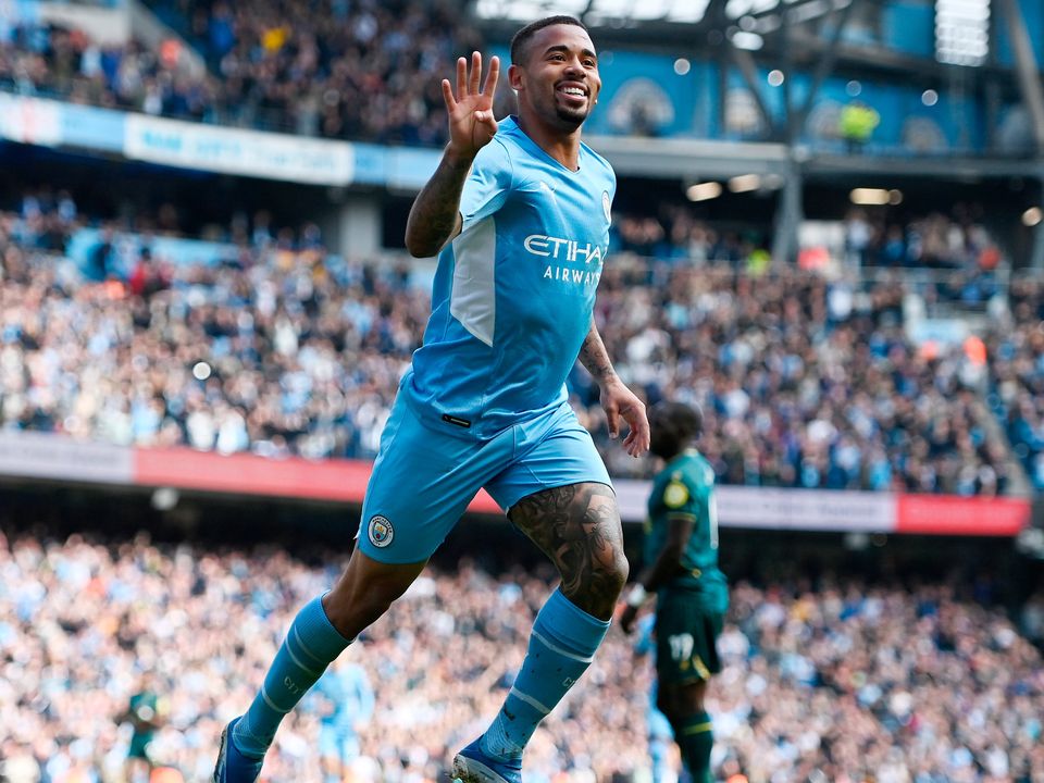 Gabriel Jesus celebrates after scoring their side's fifth goal from a penalty during the Premier League match between Manchester City and Watford at Etihad Stadium. (Photo by Gareth Copley/Getty Images,)