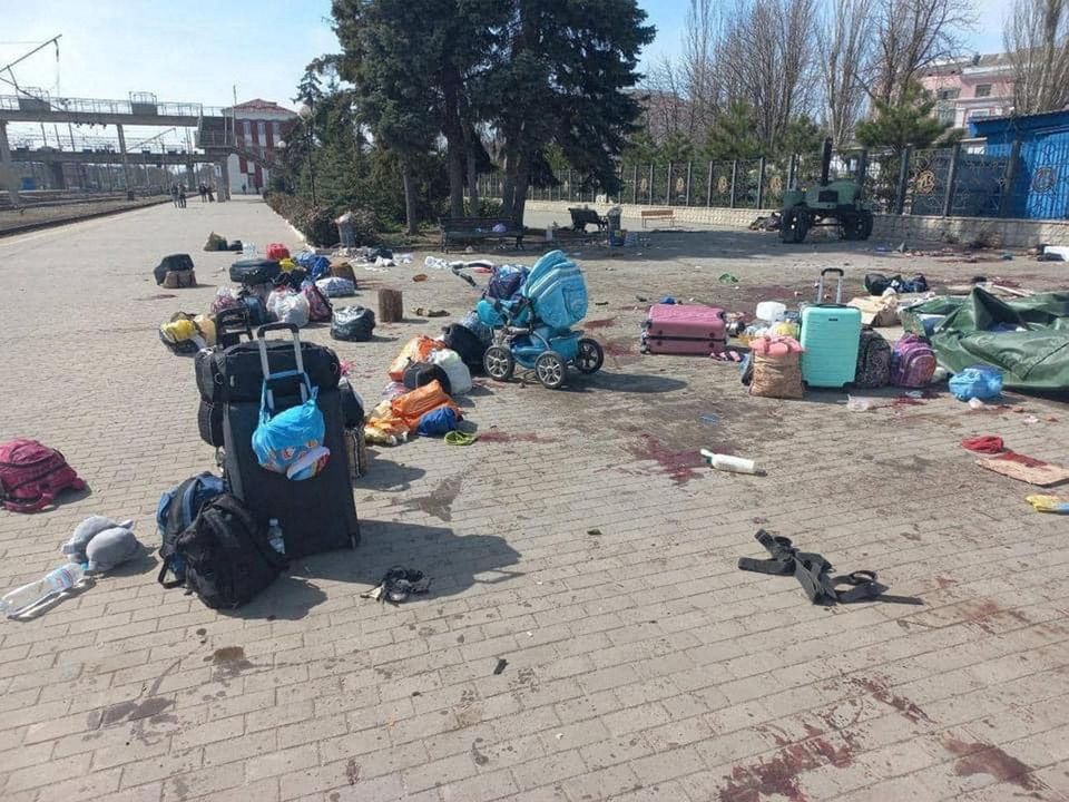 Dead bodies lie near luggage after a missile strike on a railway station in Kramatorsk, Ukraine, in this picture uploaded on April 8, 2022 and obtained from social media. Ministry of Defence Ukraine/via REUTERS