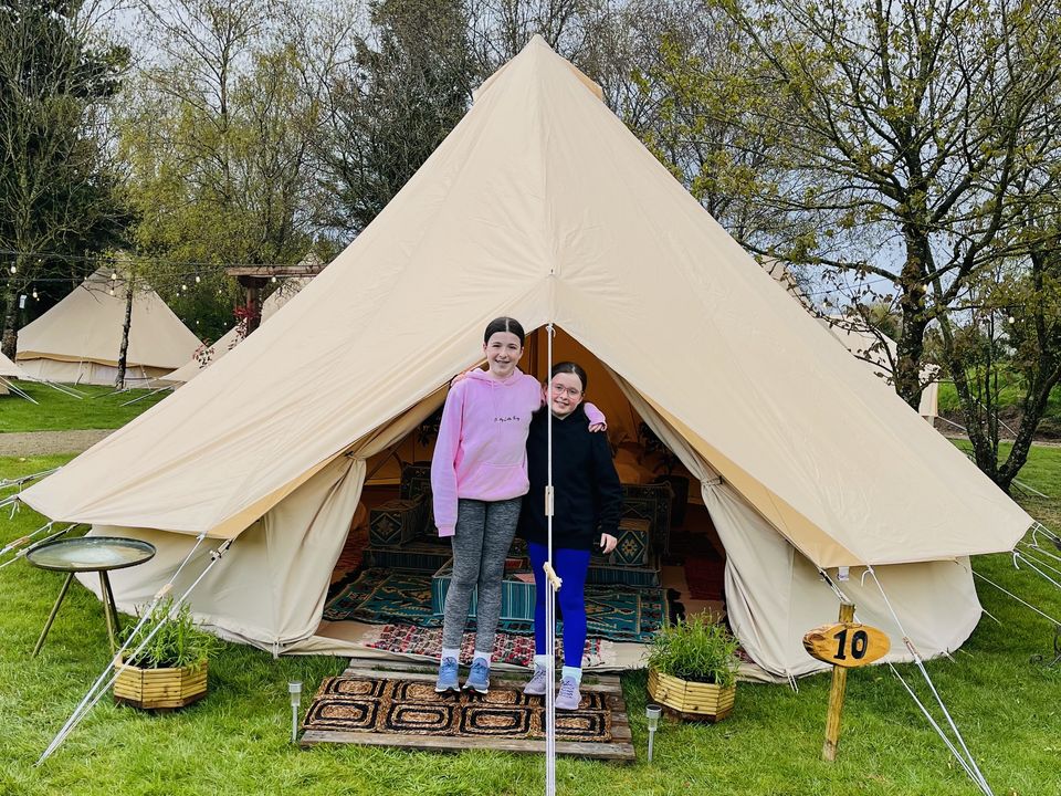 Carry on Camping: Chloe and Mia outside their bell tent in Kilkenny's Mountain View