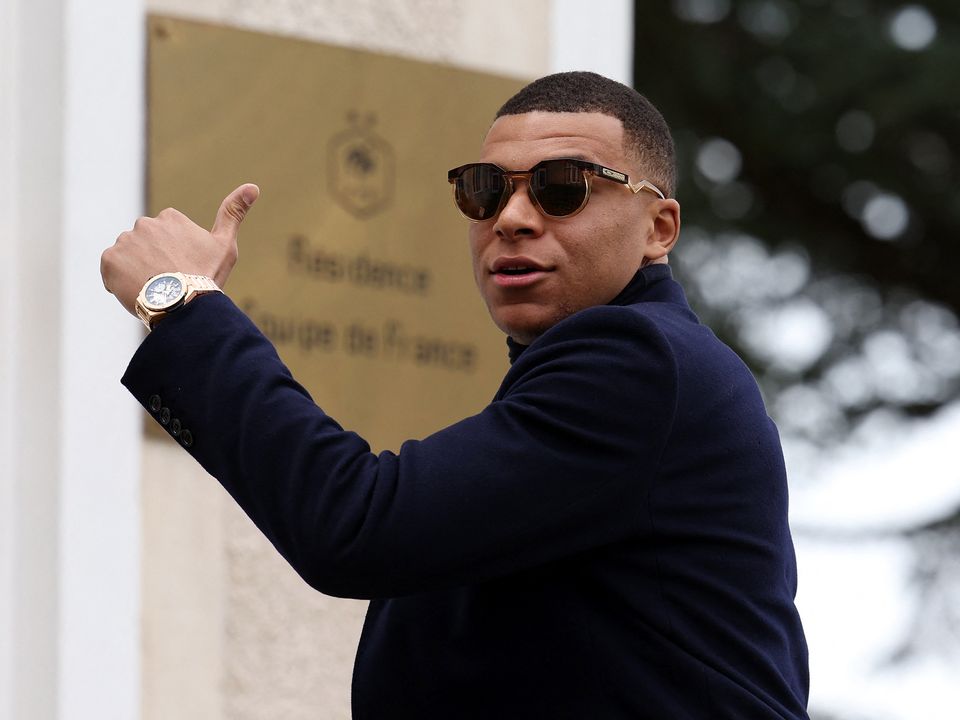 France's forward Kylian Mbappe arrives  in Clairefontaine-en-Yvelines as part of the team's preparation for upcoming UEFA Euro 2024 qualifying matches.