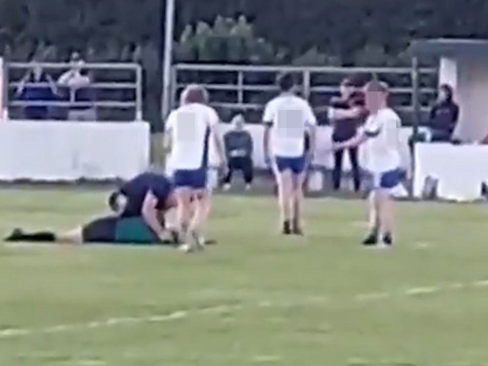 Roscommon referee Kevin Naughton lies unconscious after being allegedly attacked during an U-17 football match in Ballyforan.